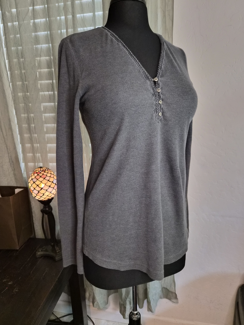 Eddie Bauer Gray Long-Sleeve V-Neck Henley Top #0225